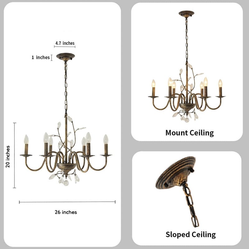 Lanpesting Farmhouse Crystal Chandelier,26 Inch Modern Flower Branch Oil-Rubbed Bronze Rustic Vintage Hanging Pendant Ceiling Light Fixture for Living Room Dining Room Bedroom Foyer Entryway - Image 4